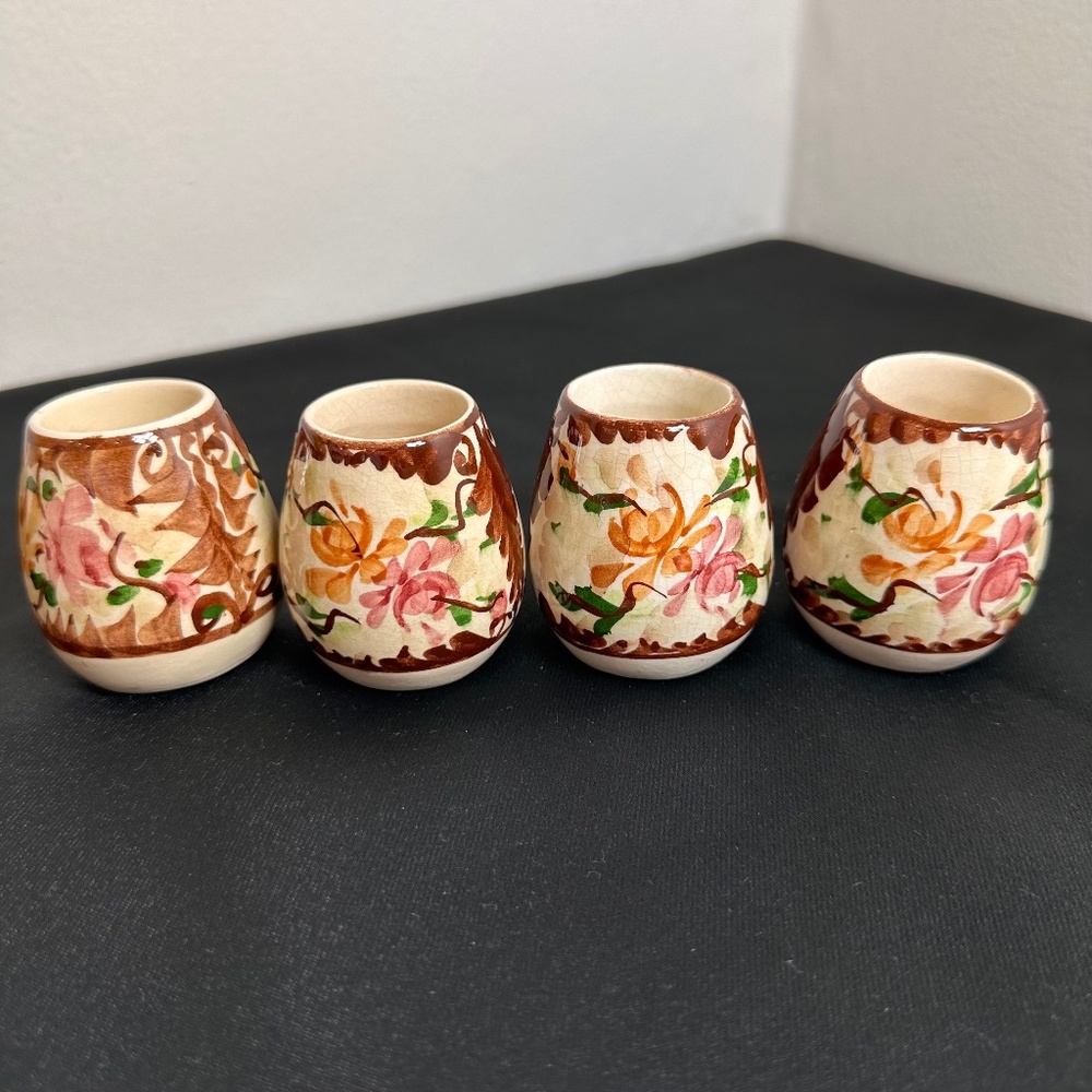 Set of 4 Handpainted Mexican Pottery Shot Glasses Floral Design Vintage Folk Art